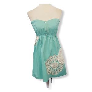 Judith March Mint Green Strapless Dress w/ Crochet Trim Smocked Pinup Womens S